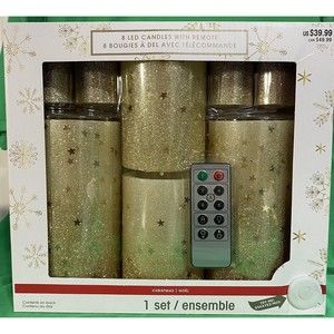 Ashland Christmas Gold Glitter & Stars Set Of 8 LED Candles + Remote Control NEW